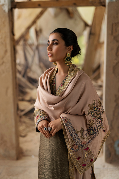 GUIMOHAR Powder-Pink Zardozi Silk Stole & Sage Green Silk Shirt