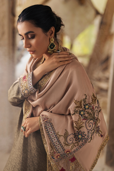 GUIMOHAR Powder-Pink Zardozi Silk Stole & Sage Green Silk Shirt