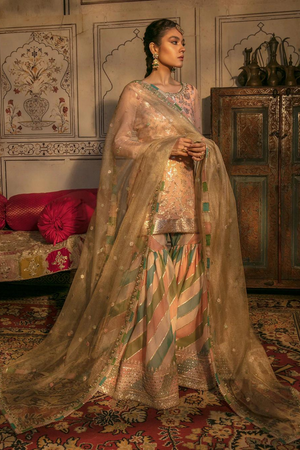 Elegant RAVZA Peach Gharara and Kameez Set | Faiza Saqlain