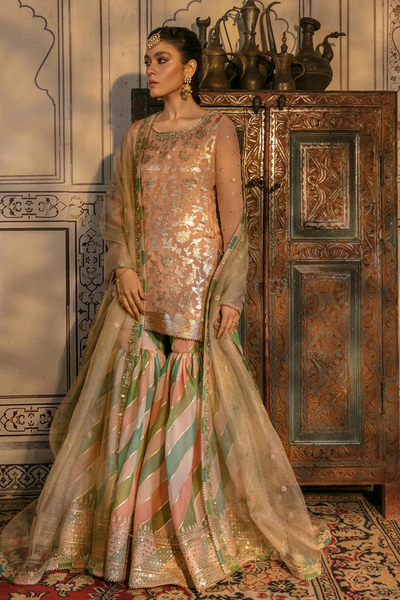 Elegant RAVZA Peach Gharara and Kameez Set | Faiza Saqlain