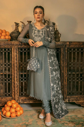 Enchanting SEYYAL Slate Grey Kameez and Churidar Set | Faiza Saqlain