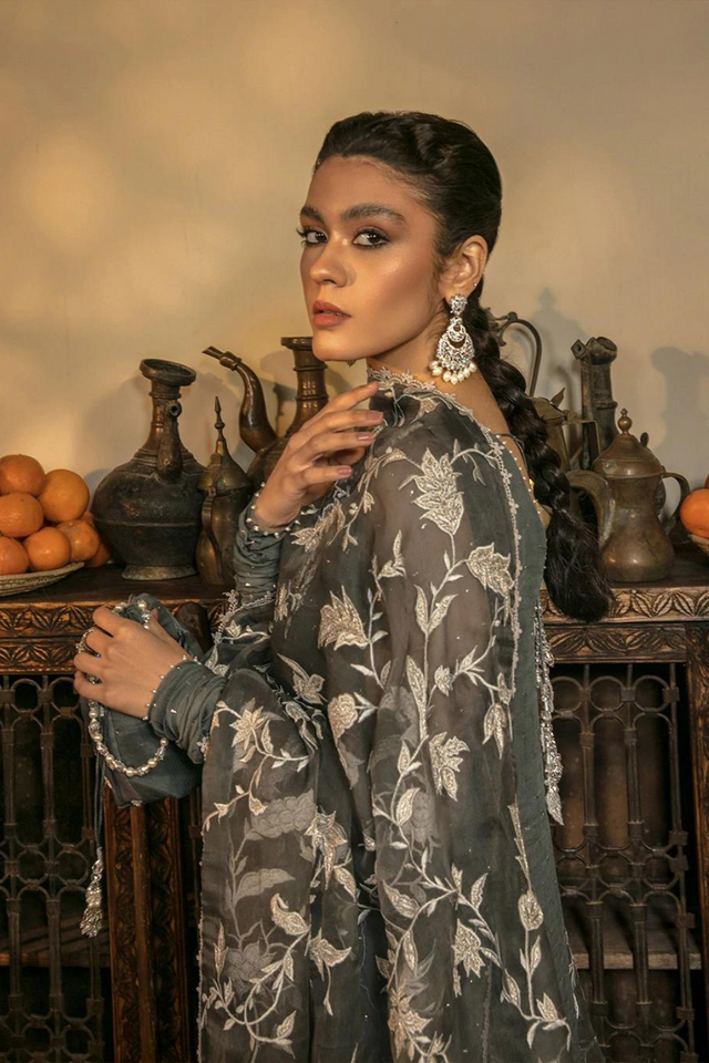 Enchanting SEYYAL Slate Grey Kameez and Churidar Set | Faiza Saqlain