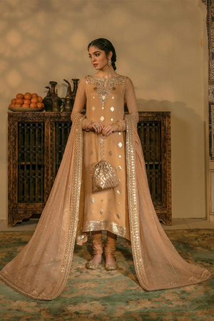 Divine FARIBA Peach Chiffon Kameez Set | Faiza Saqlain