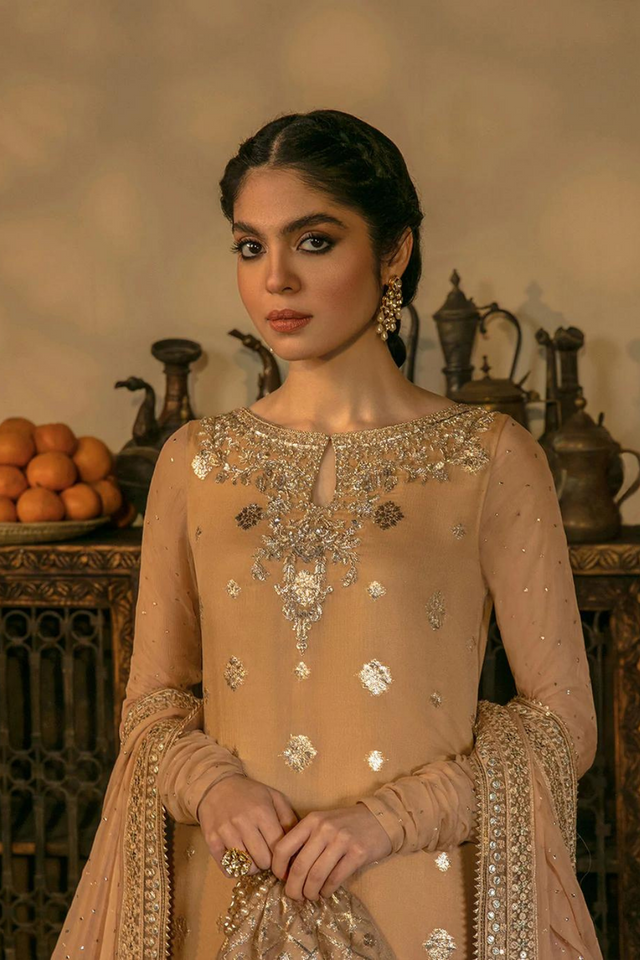 Divine FARIBA Peach Chiffon Kameez Set | Faiza Saqlain