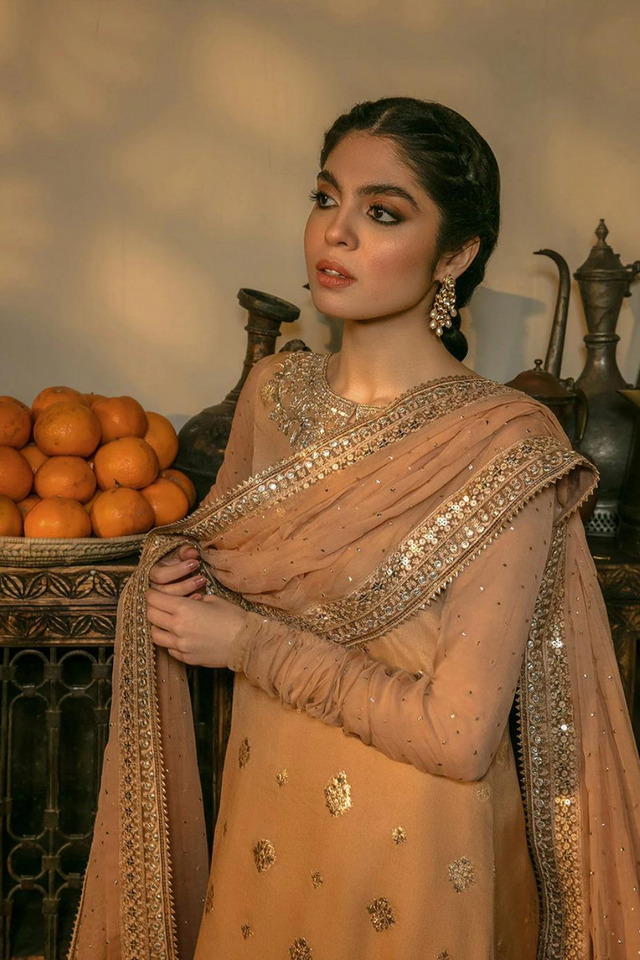 Divine FARIBA Peach Chiffon Kameez Set | Faiza Saqlain