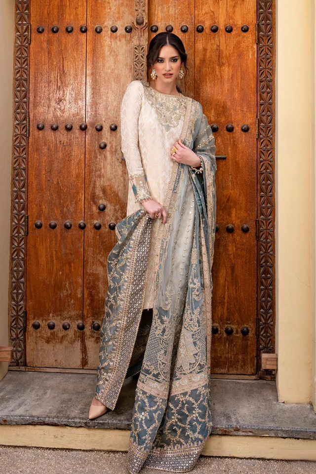 TALIA White kurta with gunmetal blue dupatta set 