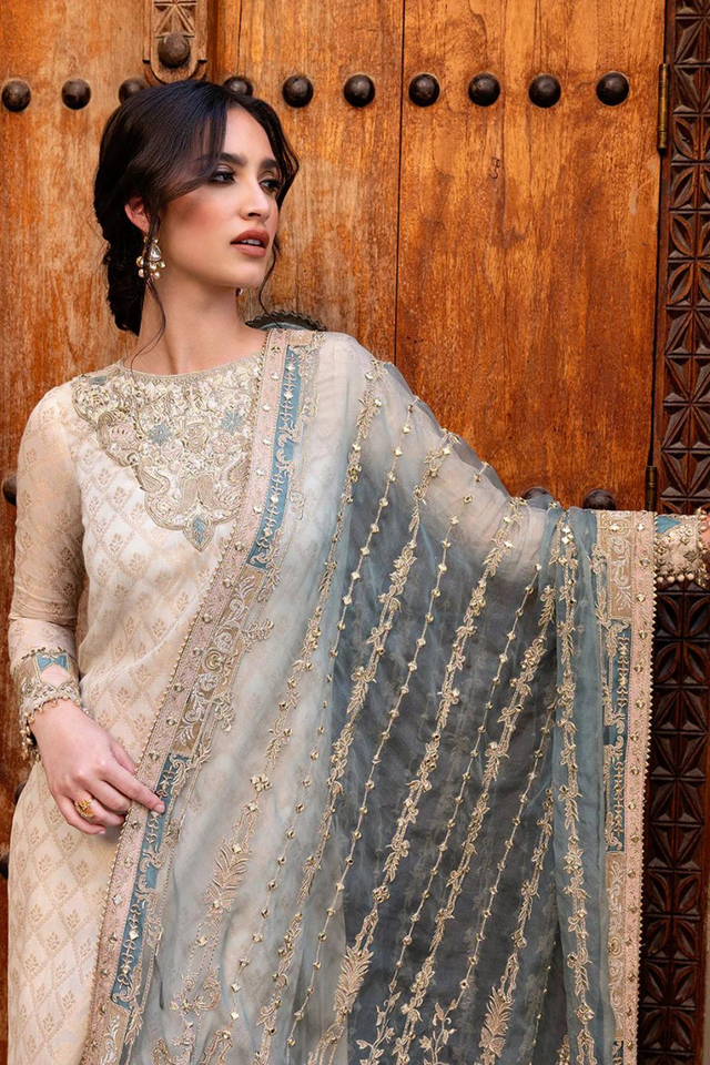 TALIA White kurta with gunmetal blue dupatta set 