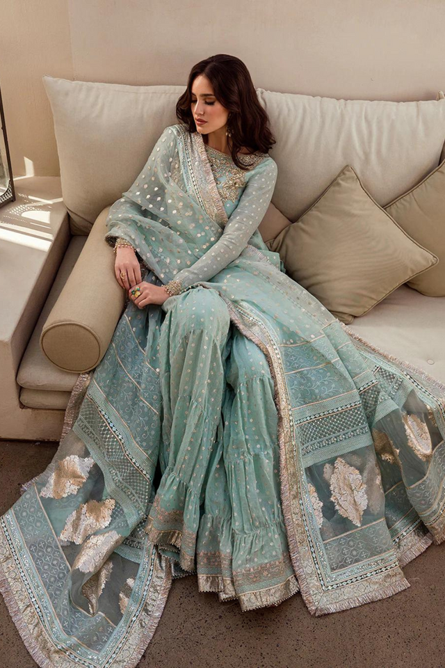 SEFANA mint blue gharara set by Faiza Saqlain's Noor-e-Chashm 