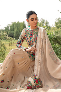 REZA beige floral sharara set by FAIZA SAQLAIN SAANJH LUXURY FORMAL