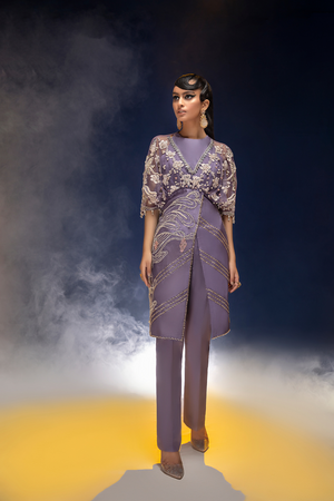 PURPLE PROSE Floral Embroidered Net & Raw Silk Outfit