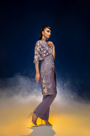 PURPLE PROSE Floral Embroidered Net & Raw Silk Outfit