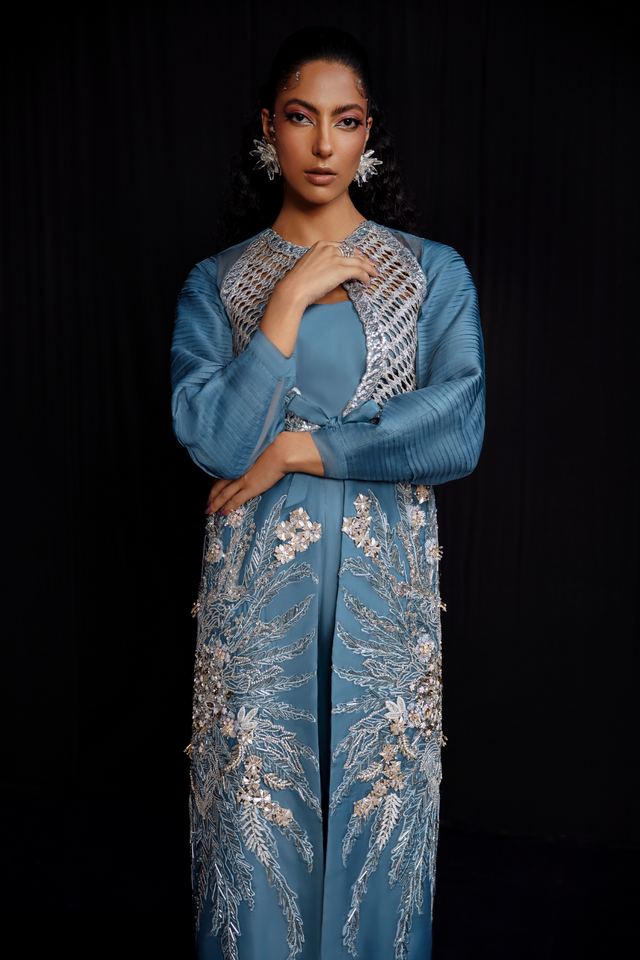 NOVA Steel Blue Embellished Organza Jacket 