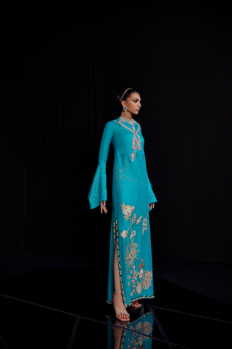 NOMINEE Turquoise Raw Silk Long Dress by Haute Form