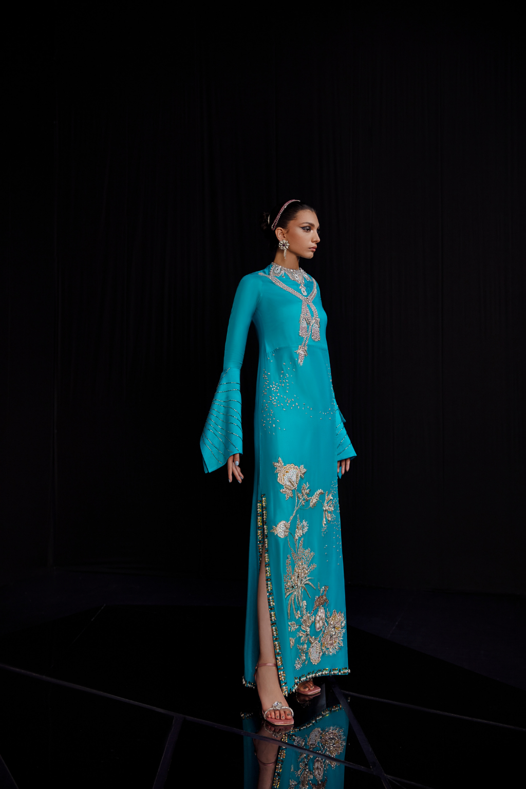 NOMINEE Turquoise Raw Silk Long Dress by Haute Form