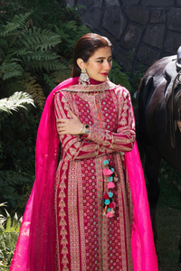 KANVAL hot pink karandi suit set by Hussain Rehar's Karandi Unstitched