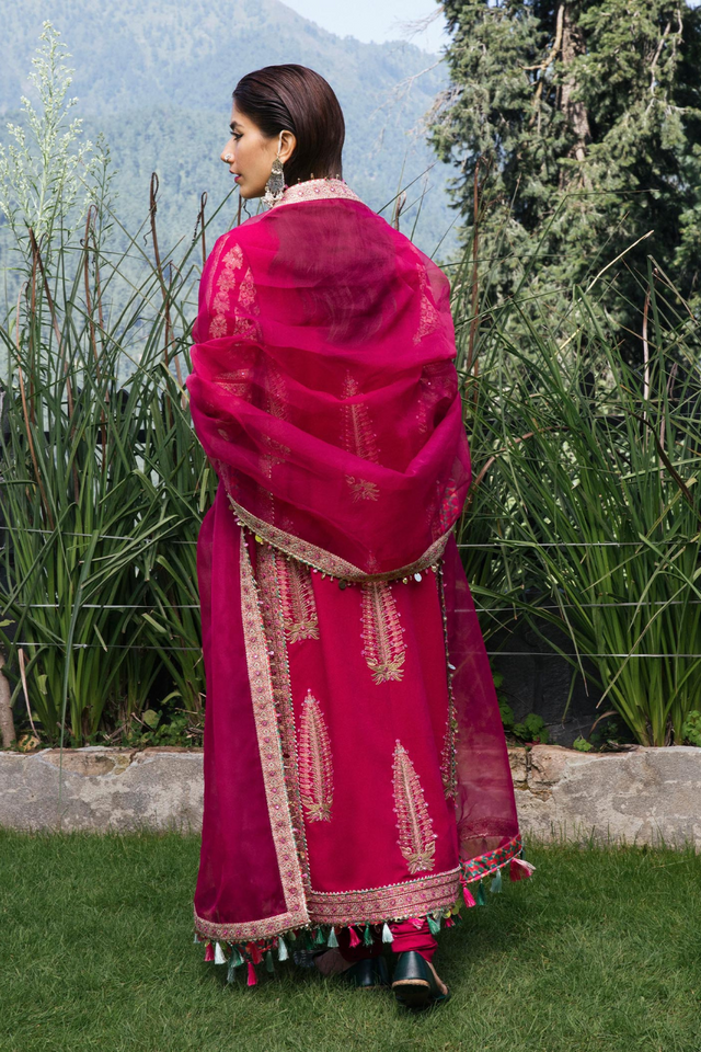 KANVAL hot pink karandi suit set by Hussain Rehar's Karandi Unstitched