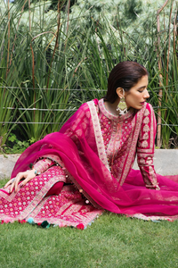 KANVAL hot pink karandi suit set by Hussain Rehar's Karandi Unstitched