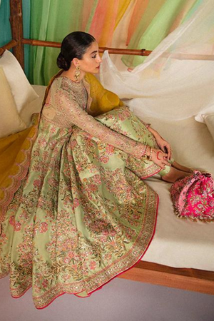 ISIL Pistachio Green Intricate Embroidery Peshwas Set