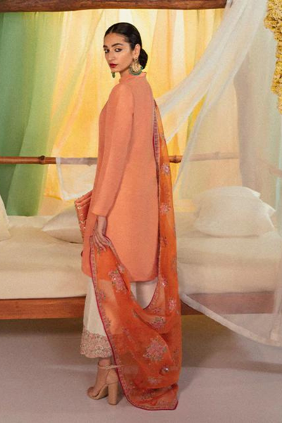 VASL Peach Embellished Details  Raw Silk Shirt & Ivory Culottes Set