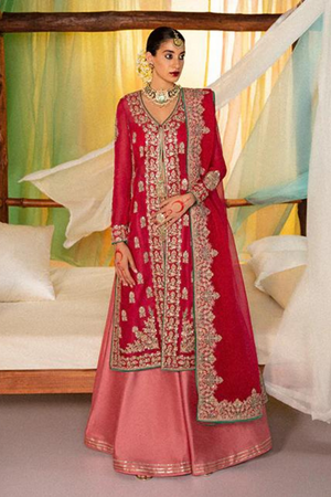 HAYAL Vibrant Motifs & Rose Gold Sharara  & Pink Organza Jacket Set 