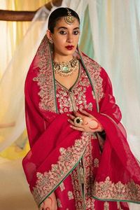 HAYAL Vibrant Motifs & Rose Gold Sharara  & Pink Organza Jacket Set 