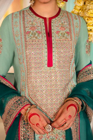 IMROZ  Ice Blue Embellished Detail Raw Silk Shirt & Plaazo Set