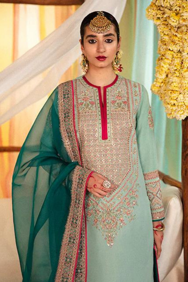 IMROZ  Ice Blue Embellished Detail Raw Silk Shirt & Plaazo Set