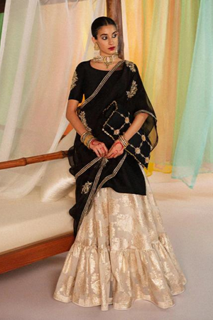 SAR Black Hand Embellishments Silk Shirt & Chanderi Gharara Set