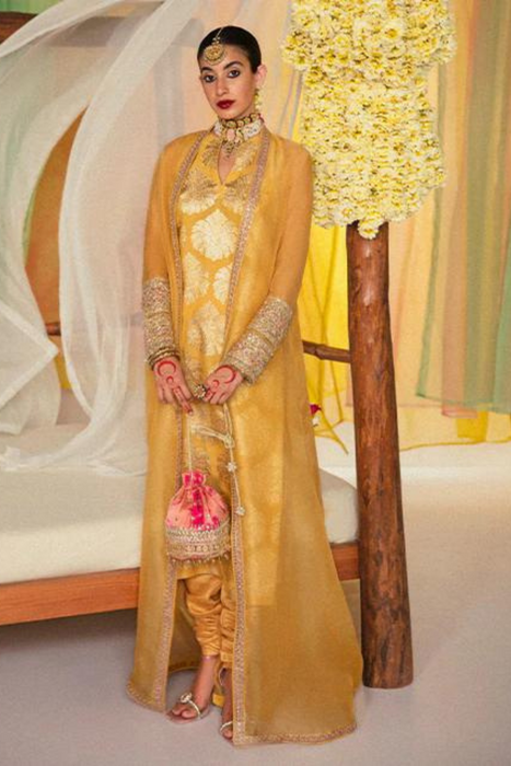 SEHER Lime Yellow Organza Chanderi Silk Shirt & Jacket Set