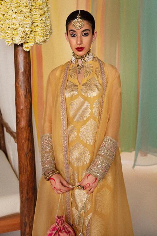 SEHER Lime Yellow Organza Chanderi Silk Shirt & Jacket Set