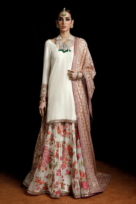 IVOOR Silk Shirt & Chiffon Sharara set by Hussain Rehar Luxury Pret