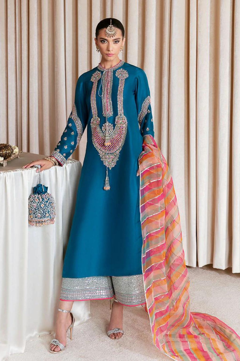 GELID Teal Blue Organza Suit by Hussain Rehar Moon 