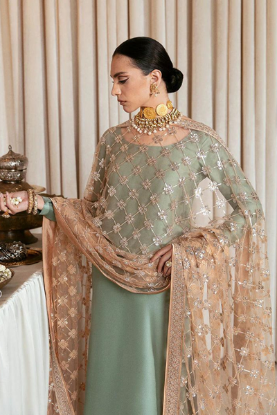 DUENDE Pistachio Raw Silk Suit by Hussain Rehar Moon
