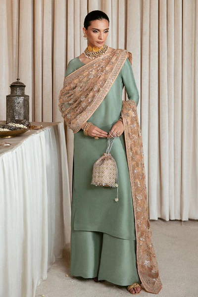 DUENDE Pistachio Raw Silk Suit by Hussain Rehar Moon