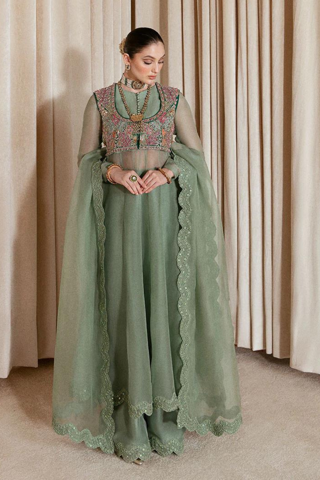 VENUS Sea Green Organza Peshwas by Hussain Rehar Moon 