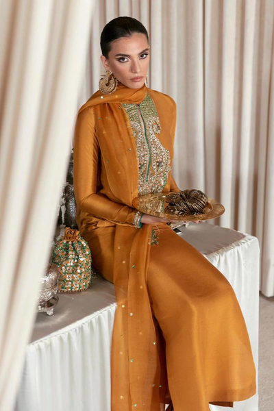 SOL Mustard Raw Silk Suit by Hussain Rehar Moon