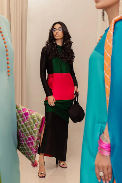 MOD Sleek Dark Green & Hot Pink Accents Black Raw Silk Shirt