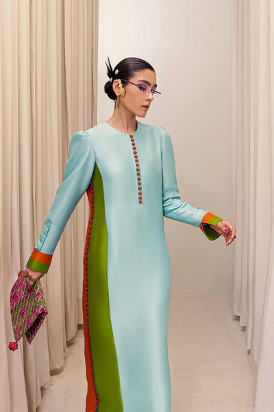 RAME Long Ice Blue Raw Silk Shirt & Green & Orange Accents