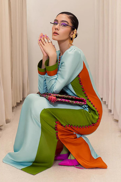 RAME Long Ice Blue Raw Silk Shirt & Green & Orange Accents