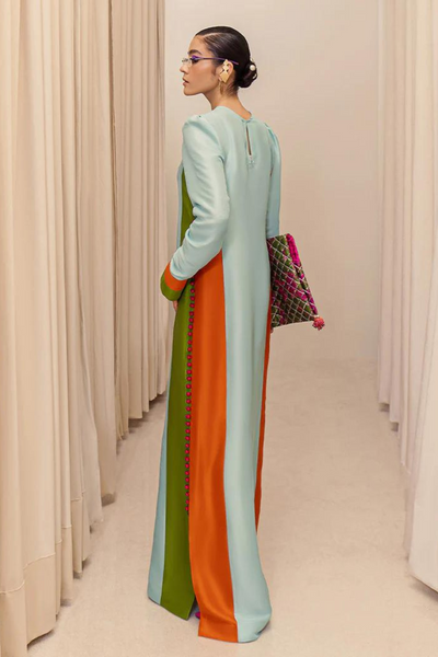 RAME Long Ice Blue Raw Silk Shirt & Green & Orange Accents