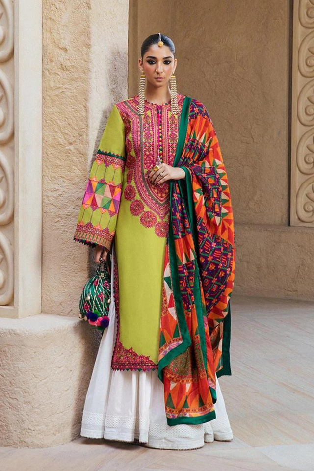 SAHA Parrot Green Silk Dupatta se by Hussain Rehar Summer Lawn Vol-2