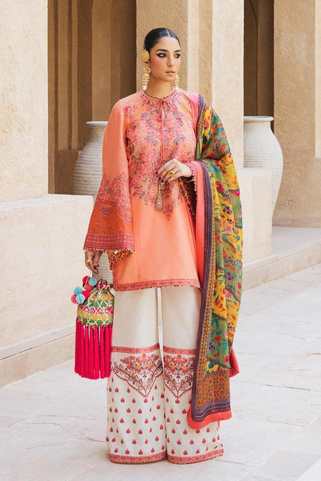 EIN Peach kurta Silk Dupatta set by HUSSAIN REHAR's Summer Lawn Vol-2