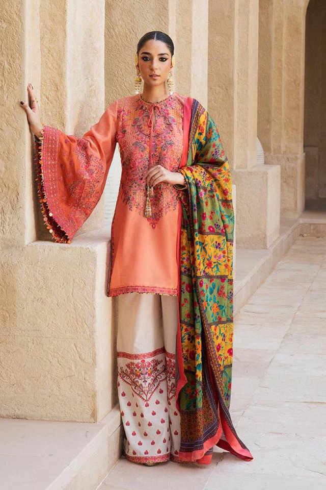 EIN Peach kurta Silk Dupatta set by HUSSAIN REHAR's Summer Lawn Vol-2