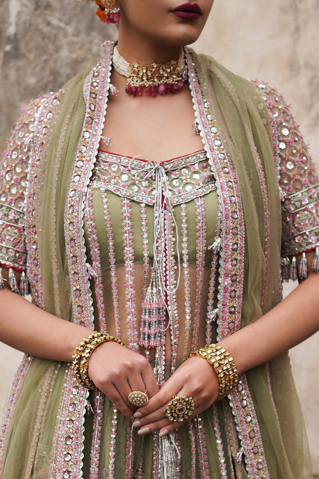 SAFAR  Pistachio Net Ensemble with Embroidered Dupatta