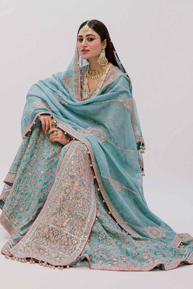 KHUAAB Ice Blue Chiffon Jacket with Sharara & Dupatta