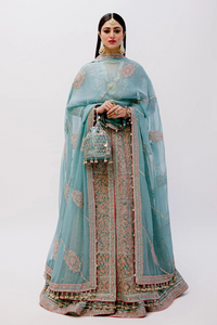 KHUAAB Ice Blue Chiffon Jacket with Sharara & Dupatta