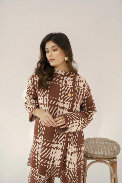 AYDA CHECKERED BROWN KNIT SUIT by Hassal Co's Autumn Winter '22