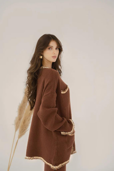 AYLIN BROWN TWEED KNIT SUIT by Hassal Co-rd Set Autumn Winter'22