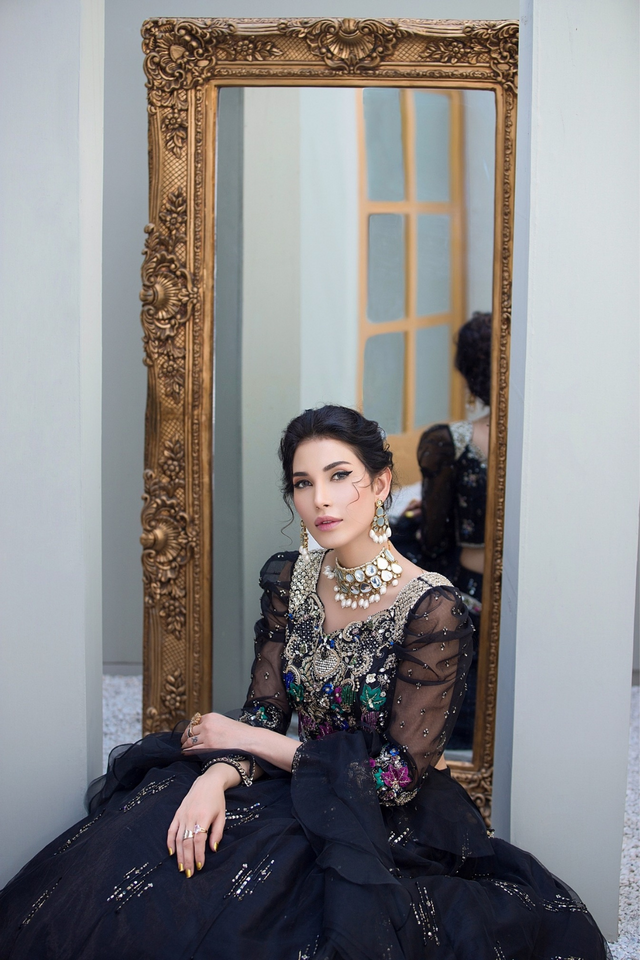 LAVERNA black  Embellished NET & RAW SILK Ensemble  by IMRA SAEED