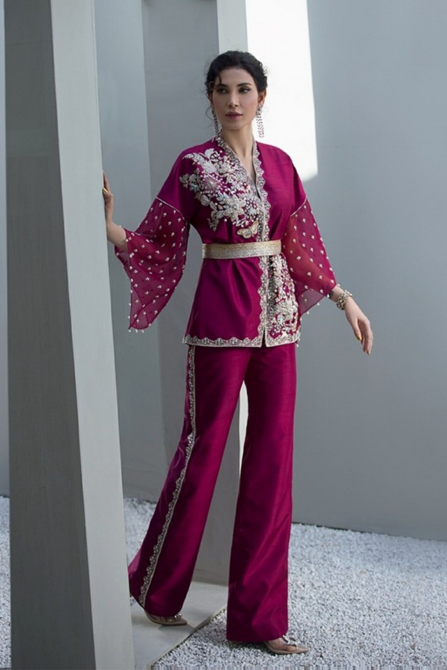 ARCANE  Plum Raw Silk Ensemble by  IMRA SAEED